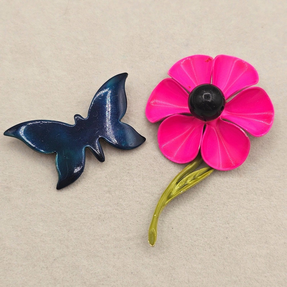 Vintage Enamel Flower and Butterfly Brooch Pin Set Pink Blue Retro Garden